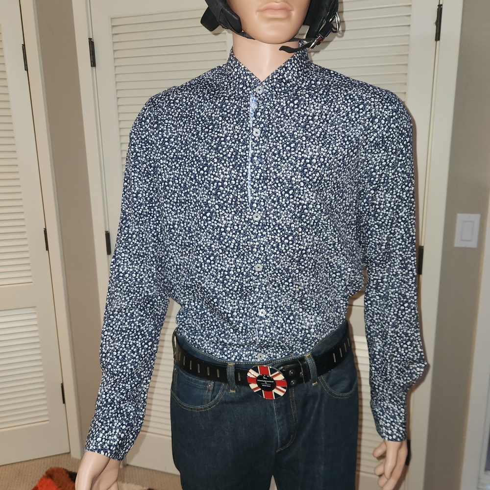 Mod Peter Werth Navy/White Geometric Floral LARGE long Sleeve British Fit Slim